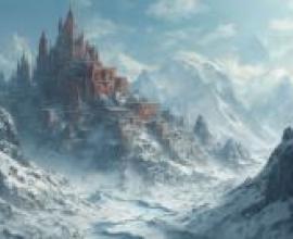 city in snow，雪景環繞，群山環繞，背景是一座城堡般的建築。