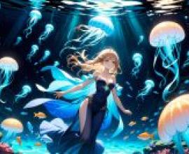 An underwater sceneA girl in the ocean with fish and jellyfish.