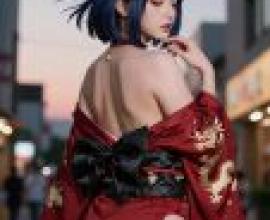 紅衣女妖，一位身穿紅黑相間和服、留著藍色頭髮的女子。