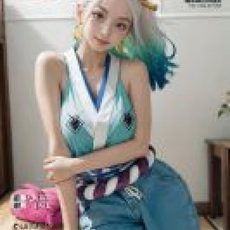 海賊王 YamatoA 模型身穿藍色服裝，頭戴紅色犄角。