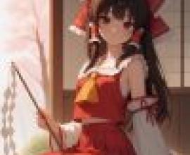 博麗靈夢，一位身穿紅色洋裝、頭戴蝴蝶結的少女。