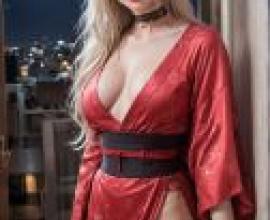 紅色美女，身穿紅色衣服的女子，雙手叉腰。
