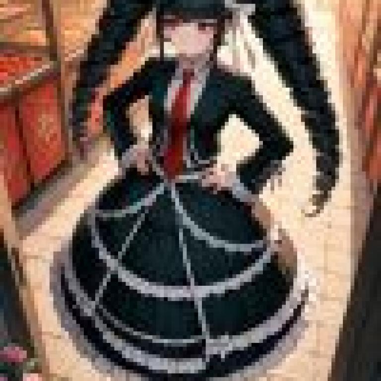 celestia ludenberg danganronpa，A cartoon girl in black dress with red tie and black bow standing on platform.
