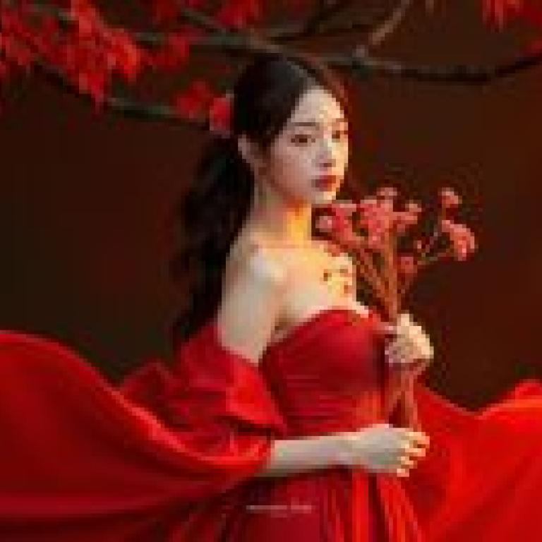 紅色夢，身穿紅衣、手捧鮮花的美麗女子。