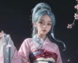 幽遊白書，牡丹，藍之獨奏 - 藍髮牡丹，和服下，馬尾辮，腰帶，獨奏。