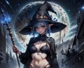 Black Witch，A girl with blue hair and a witch hat holding a magic wand.