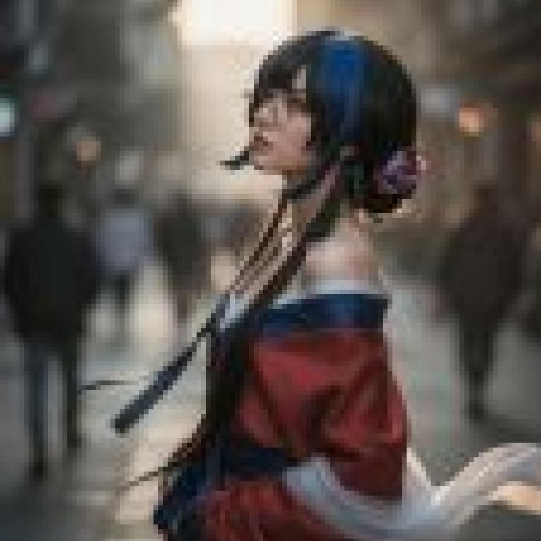攝影師，一位穿著和服的女子站在人行道上。