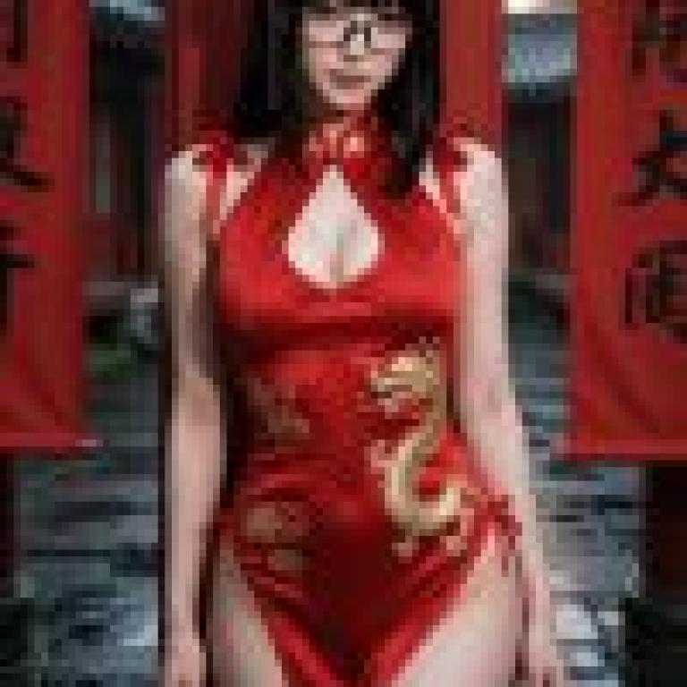 女孩們，身穿紅色洋裝的女子站在紅色橫幅前。