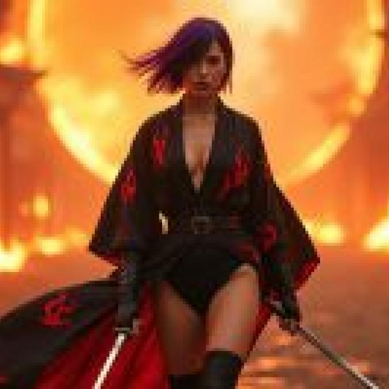 Samurai girl，A girl with a purple shirt and black pants.
