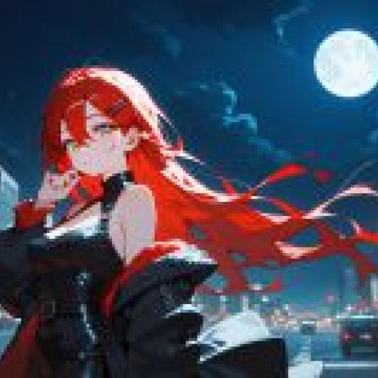 Under the moon，A woman with red hair in a city at night.