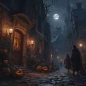 A dark and eerie alleywayHalloween decorations on the outside of a building at night.