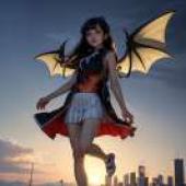 Ooba Juri Magia Record Quebick，一個穿著黑紅相間連身裙的女孩站在蝙蝠附近。