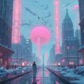 Invasion of the city，A girl is walking down the street under pink and red lights.