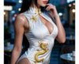 Western style，A woman in white dress with gold dragon design.