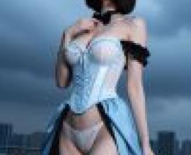 girls，A woman in a corset stands by the ocean.