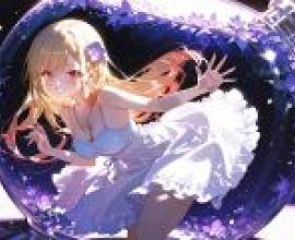 kitagawa marin，Anime girl with long blonde hair and blue dress.