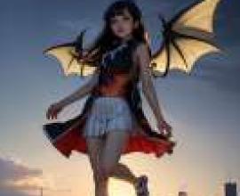 Ooba Juri Magia Record Quebick，A girl with a black and red dress is standing near bats.