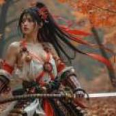 日本武士少女，身穿紅白洋裝的女子手持寶劍。