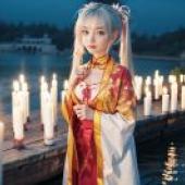 Tomotake Yoshino Senren BankaA beautiful girl is standing near the candles.
