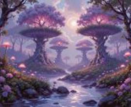 奇幻荒野插畫，一幅童話般的圖畫，月光下長滿了蘑菇，樹木搖曳生姿。