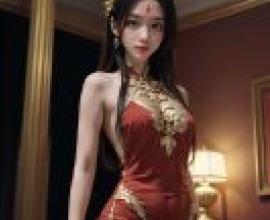 石浩阿姨，一頭棕色長髮，穿著紅色洋裝的女人。