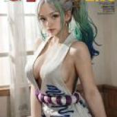 海賊王 大和 一位身穿白色字母圖案服裝的女子坐著。