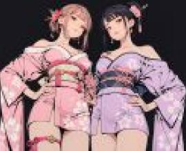 kimono，Two girls with pink and purple outfits with bows in their hair.