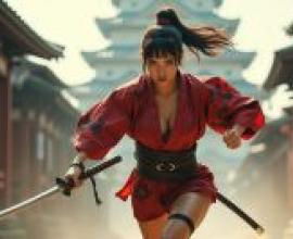Samurai girl，Lady in red dress and black hair.