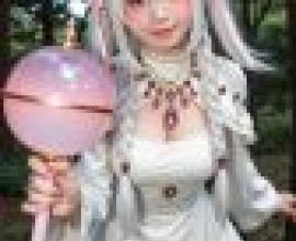 girls，A girl with fake antlers is holding a pink ball and looking at the camera.
