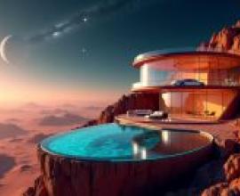 house on Mars，A view of the moon from a hotel on a hill.