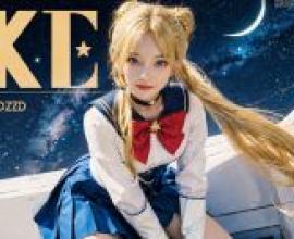 水手月亮，一個穿著動漫角色扮演服裝的金髮女孩回頭說K。