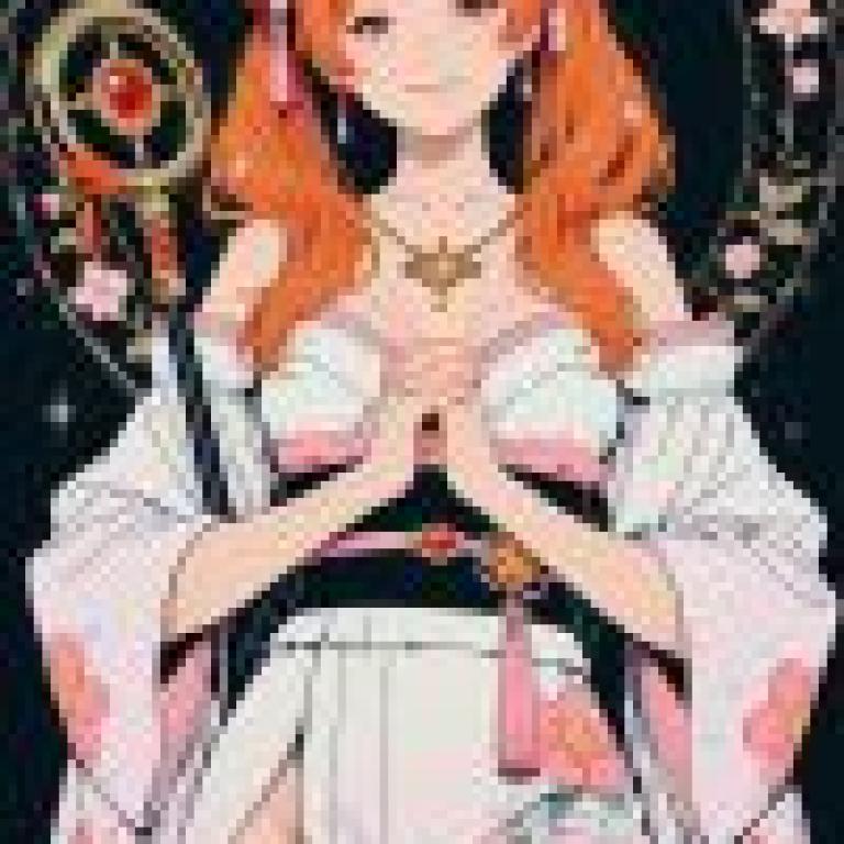 身穿粉紅色和白色和服、紅髮的女子。