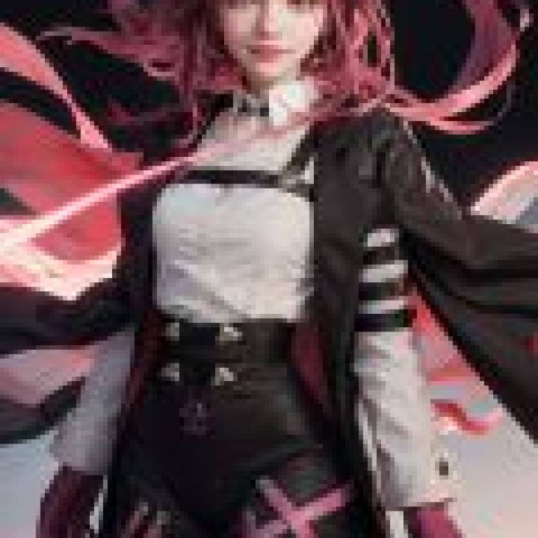 Kafka Honkai Star Rail，A girl dressed in all black and pink with red hair.