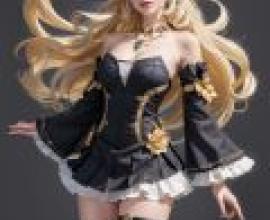 genshin navia，Anime woman dressed up in black， white and gold.