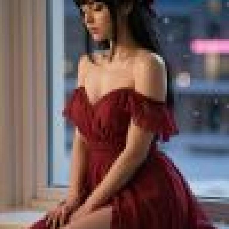 Red Temptation，A girl sits in a window wearing a red dress.