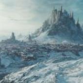 city in snow，雪中​​小鎮，背後有一座城堡。