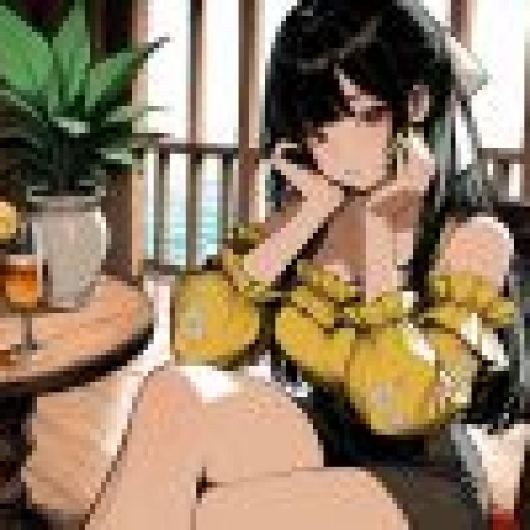 Afternoon Time，Girl sitting at the table with a glass.