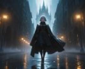 anime，A woman in a black cape with a hood on it.