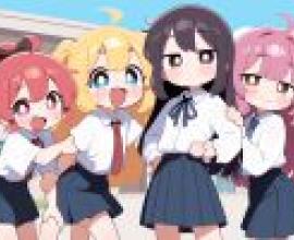 YuruYuri，四個女孩站在學校操場上。