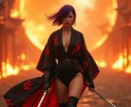 Samurai girl，A girl with a purple shirt and black pants.