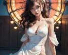 摩天輪之夢，一位模特兒坐在摩天輪前的木凳上。