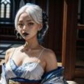 白髮美女賞扇床前坐，和服風格桌布免費下載