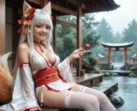 狐狸巫女，一位貓女坐在河岸上。