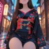 身著和服的女子雙腿張開坐在一家東方商店前的地上。