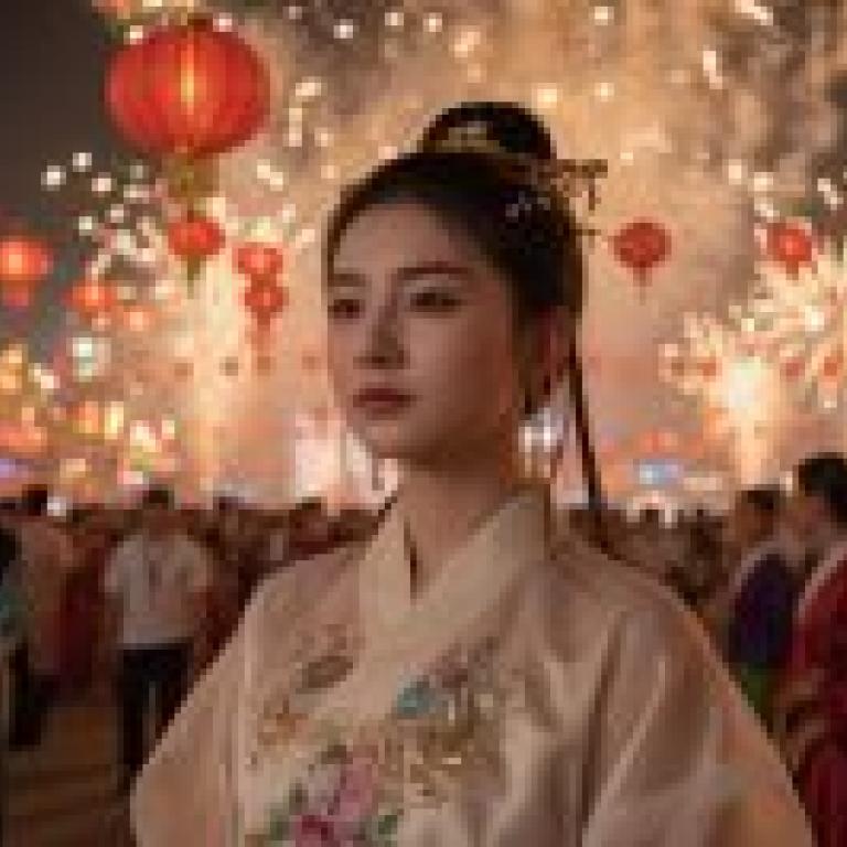 古代中國亞洲女孩在煙火前擺姿勢拍照。