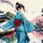 Café，A woman with blue hair and long blue dress.