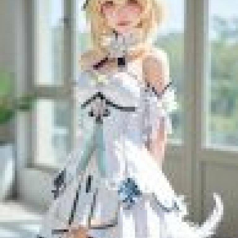 vitality，Woman in white with bow and ruffles.