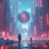 Invasion of the city，A man and woman walking in front of an office building with several billboards and one large black circle on a building.