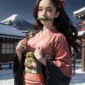 灶門你豆子，《鬼滅之刃》，一個穿著和服、頭髮上綁著紅色蝴蝶結的女孩。