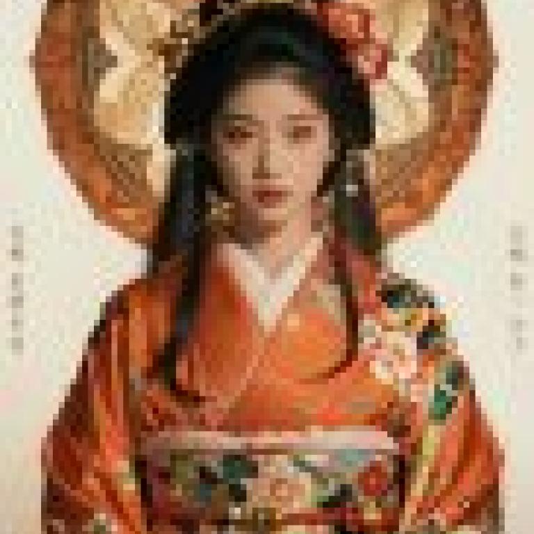 Japanese kimono clad beauties，Asian girl in an oriental costume with black and red bow.